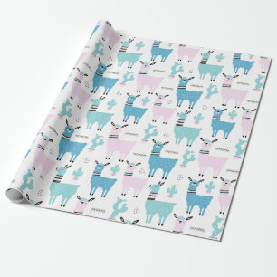 Llama Alapaca Blue Pink Baby shower Birthday Cadeaupapier
