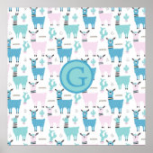 Llama Alapaca Dieren Monogram Blauw Roze Dieren Poster (Voorkant)