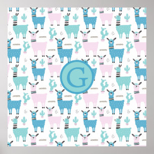 Llama Alapaca Dieren Monogram Blauw Roze Dieren Poster
