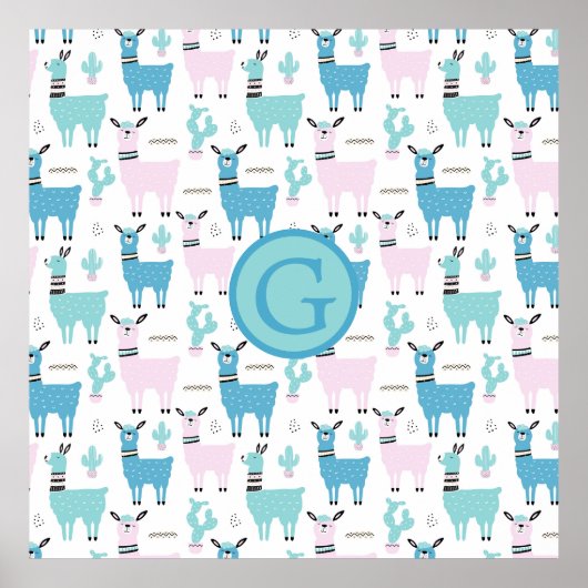 Llama Alapaca Dieren Monogram Blauw Roze Dieren Poster (Voorkant)