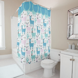 Llama Alapaca Pattern Blue Pink Cute Animals Douchegordijn