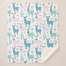Llama Alapaca Pattern Blue Pink Cute Animals Sherpa Deken