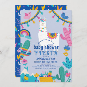 Llama Alpaca Cactus Fiesta Blue Boy Baby shower Kaart