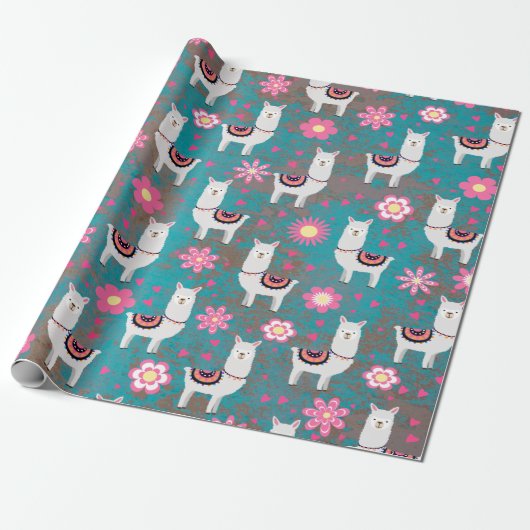 Llama (Alpaca) Floral en Turquoise Grunge Cadeaupapier (Uitgerold)