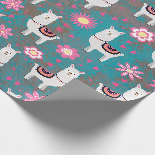 Llama (Alpaca) Floral en Turquoise Grunge Cadeaupapier (Hoek)