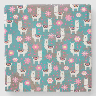 Llama (Alpaca) Floral en Turquoise Grunge Stenen Onderzetter