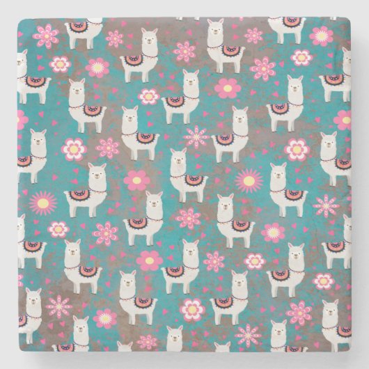 Llama (Alpaca) Floral en Turquoise Grunge Stenen Onderzetter (Voorkant)