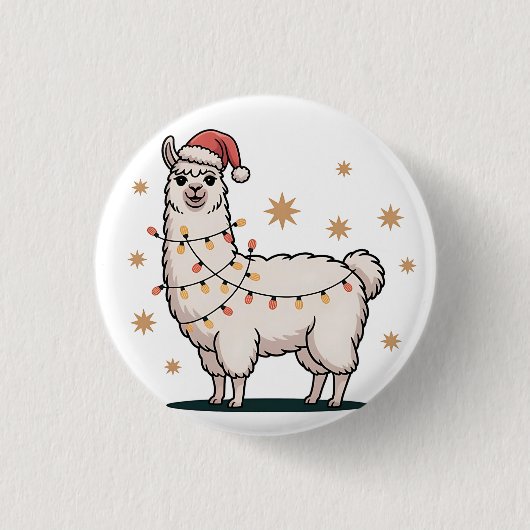 Llama Alpaca Met Kerstmuts En Kerstverlichting Ronde Button 3,2 Cm (Voorkant)