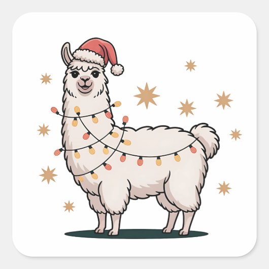 Llama Alpaca With Santa Hat And Christmas Light Vierkante Sticker (Voorkant)