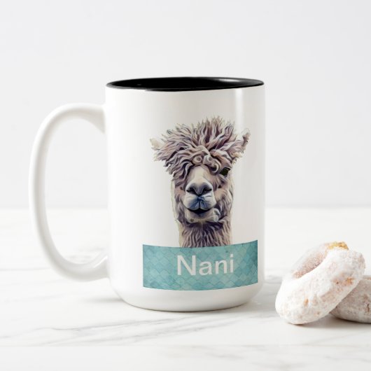 Llama Art Persoonlijke naam Kleur Tweekleurige Koffiemok (Met donut)