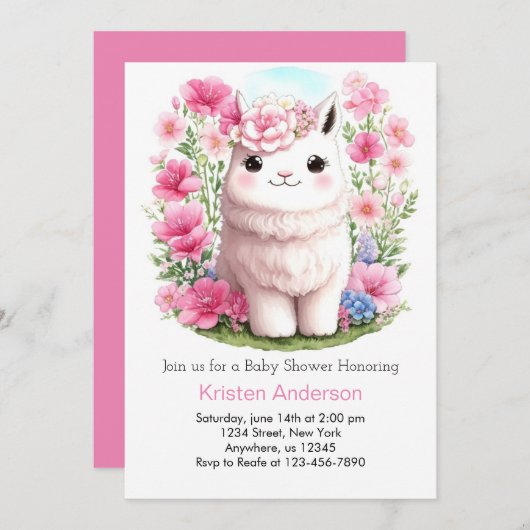 Llama avontuur wacht op roze meisje Baby shower Kaart (Voorkant / Achterkant)