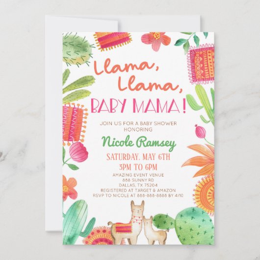 Llama Baby Mama Cactus Fiesta-Baby shower Kaart (Voorkant)