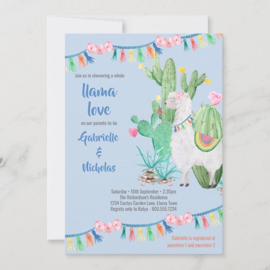 Llama Baby shower Blauw Llama Love Invitation Kaart (Voorkant)