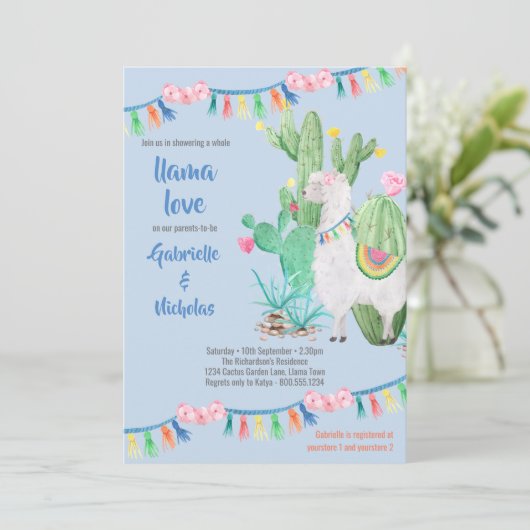 Llama Baby shower Blauw Llama Love Invitation Kaart (Staand voorkant)