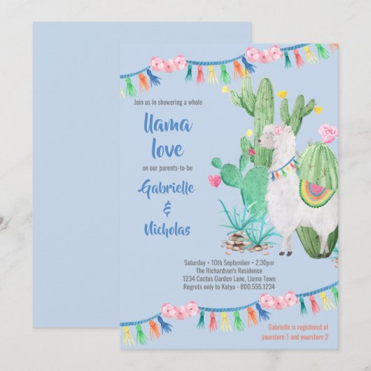 Llama Baby shower Blauw Llama Love Invitation Kaart (Voorkant / Achterkant)