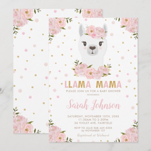 Llama Baby shower Blush Floral Kaart (Voorkant / Achterkant)