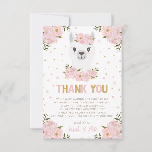 Llama Baby shower Blush Pink Floral Bedankkaart (Voorkant)