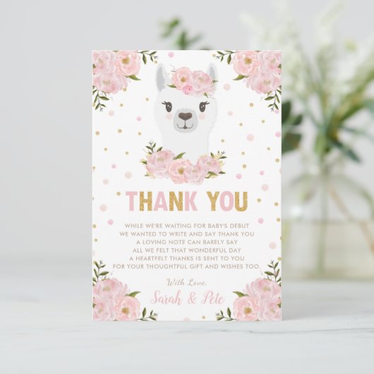 Llama Baby shower Blush Pink Floral Bedankkaart (Staand voorkant)