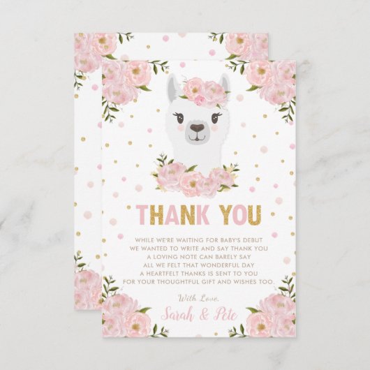 Llama Baby shower Blush Pink Floral Bedankkaart (Voorkant / Achterkant)