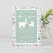 Llama Baby shower Cute Green Gender Neutral Kaart (Staand voorkant)