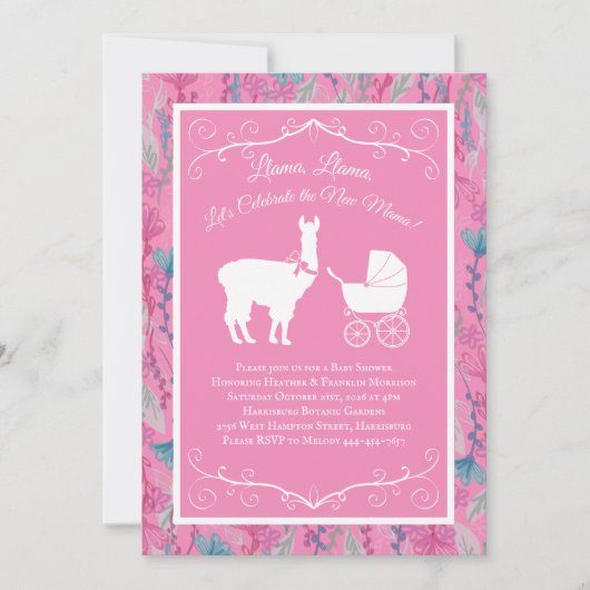 Llama Baby shower Cute Pink Girl Mama Invitation Kaart (Voorkant)