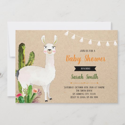 Llama baby shower feest uitnodiging (Voorkant)