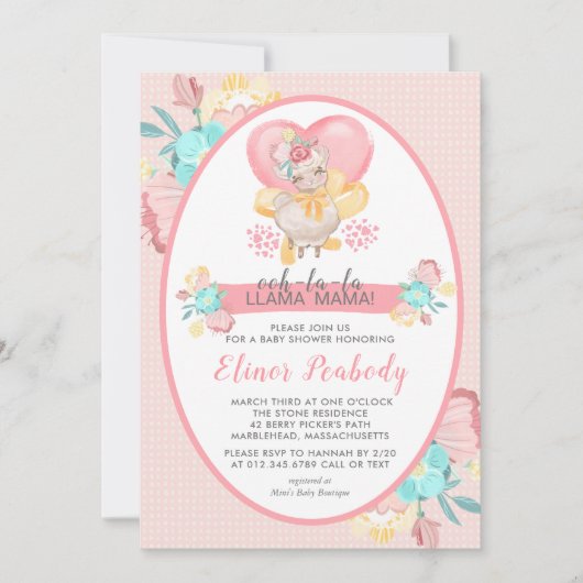 Llama Baby shower Pink Floral Kaart (Voorkant)