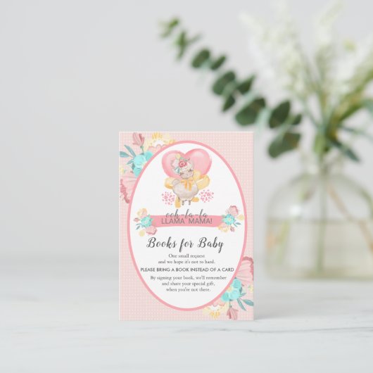 Llama Baby shower Roze Bloemen Breng een Boek Informatiekaartje (Staand voorkant)