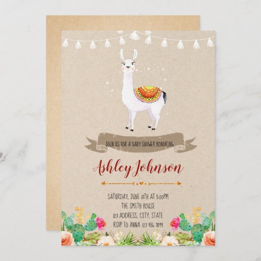 Llama baby shower uitnodiging (Voorkant / Achterkant)
