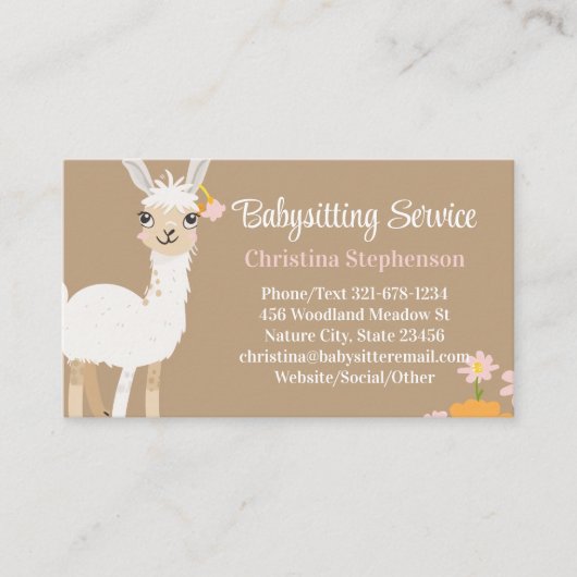 Llama Babysitter Nanny Kinderopvang Visitekaartje (Voorkant)