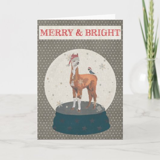LLAMA & BIRD SNOWGLOBE MERRY & BRIGHT Card Feestdagen Kaart (Voorkant)