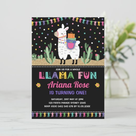 Llama Birthday Alpaca Cactus Party Invitation Kaart (Staand voorkant)