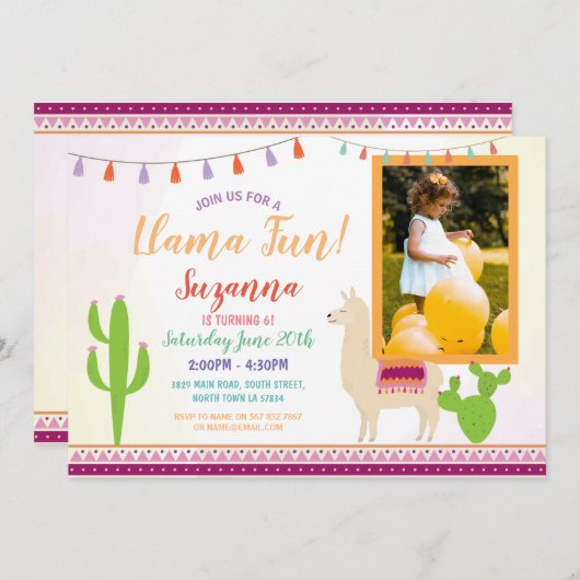 Llama Birthday Cactus Party Fiesta Photo Invite Kaart (Voorkant / Achterkant)