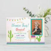 Llama Birthday Foto Cactus Party Fiesta Invite Kaart (Staand voorkant)