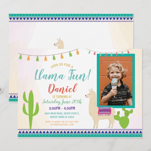 Llama Birthday Foto Cactus Party Fiesta Invite Kaart (Voorkant / Achterkant)
