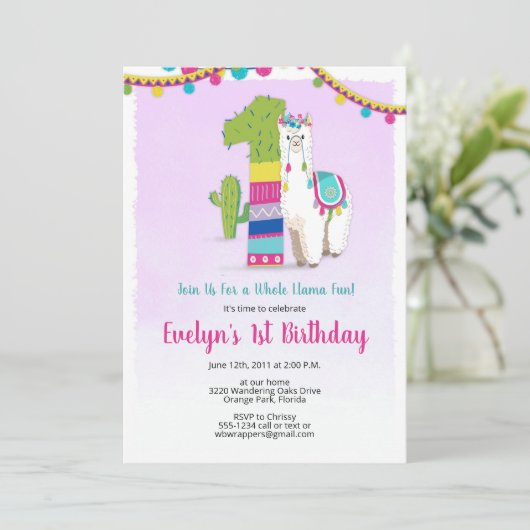 Llama Birthday Invitation - 1st Birthday Invites Kaart (Staand voorkant)