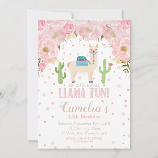 Llama Birthday Invitation Blush Floral Teen Girl Kaart (Voorkant)