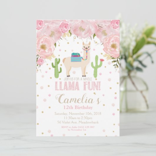 Llama Birthday Invitation Blush Floral Teen Girl Kaart (Staand voorkant)
