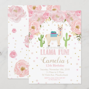 Llama Birthday Invitation Blush Floral Teen Girl Kaart