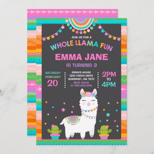 Llama Birthday Invitation Whole Llama Fun Party Kaart (Voorkant / Achterkant)