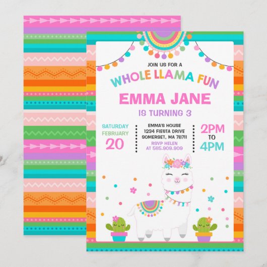 Llama Birthday Invitation Whole Llama Fun Party Kaart (Voorkant / Achterkant)