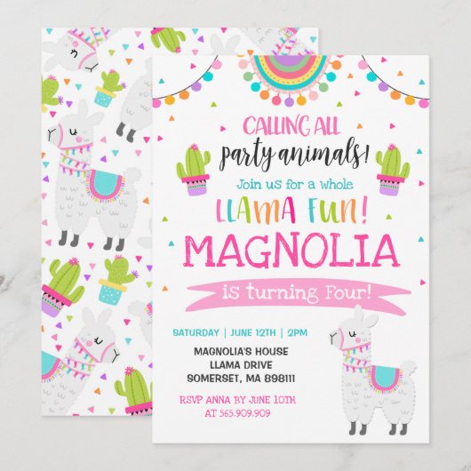 Llama Birthday Invitation Whole Llama Fun Party Kaart (Voorkant / Achterkant)