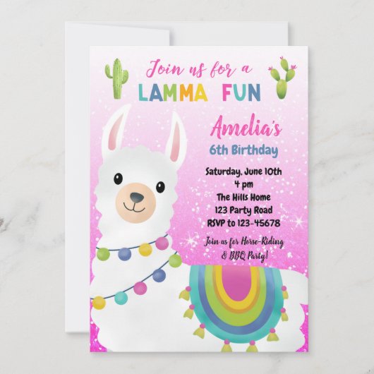 Llama Birthday Invitations (Roze Glitter) Kaart (Voorkant)