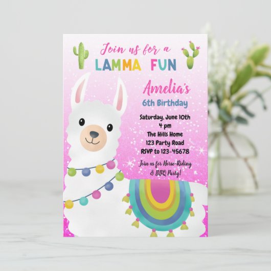 Llama Birthday Invitations (Roze Glitter) Kaart (Staand voorkant)