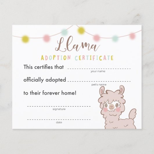 Llama Birthday Party Adoption Certificate (Voorkant)