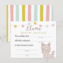 Llama Birthday Party Adoption Certificate