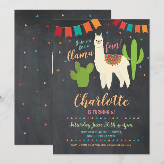 Llama Birthday Party Cactus Girl's Fun Invite Kaart (Voorkant / Achterkant)