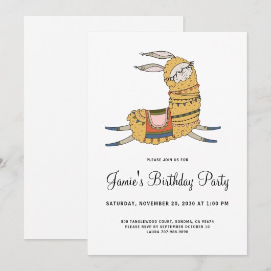 Llama Birthday Party Invitation Kaart (Voorkant / Achterkant)