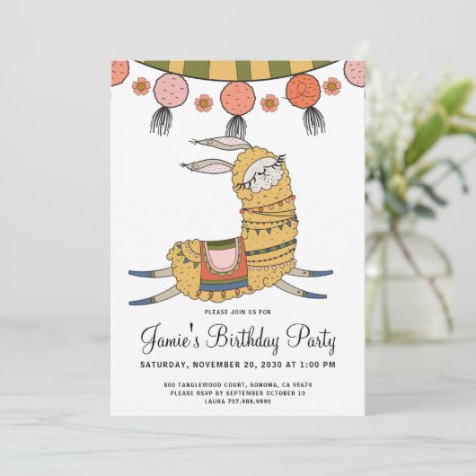 Llama Birthday Party Invitation Kaart (Staand voorkant)
