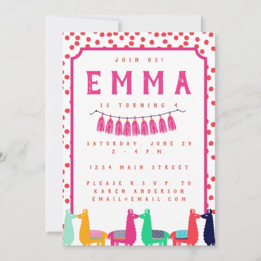 Llama Birthday Party Invitation Kaart (Voorkant)